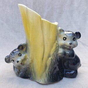Vintage McCoy Pottery Ceramic Bear Cubs with Tree Stump Planter